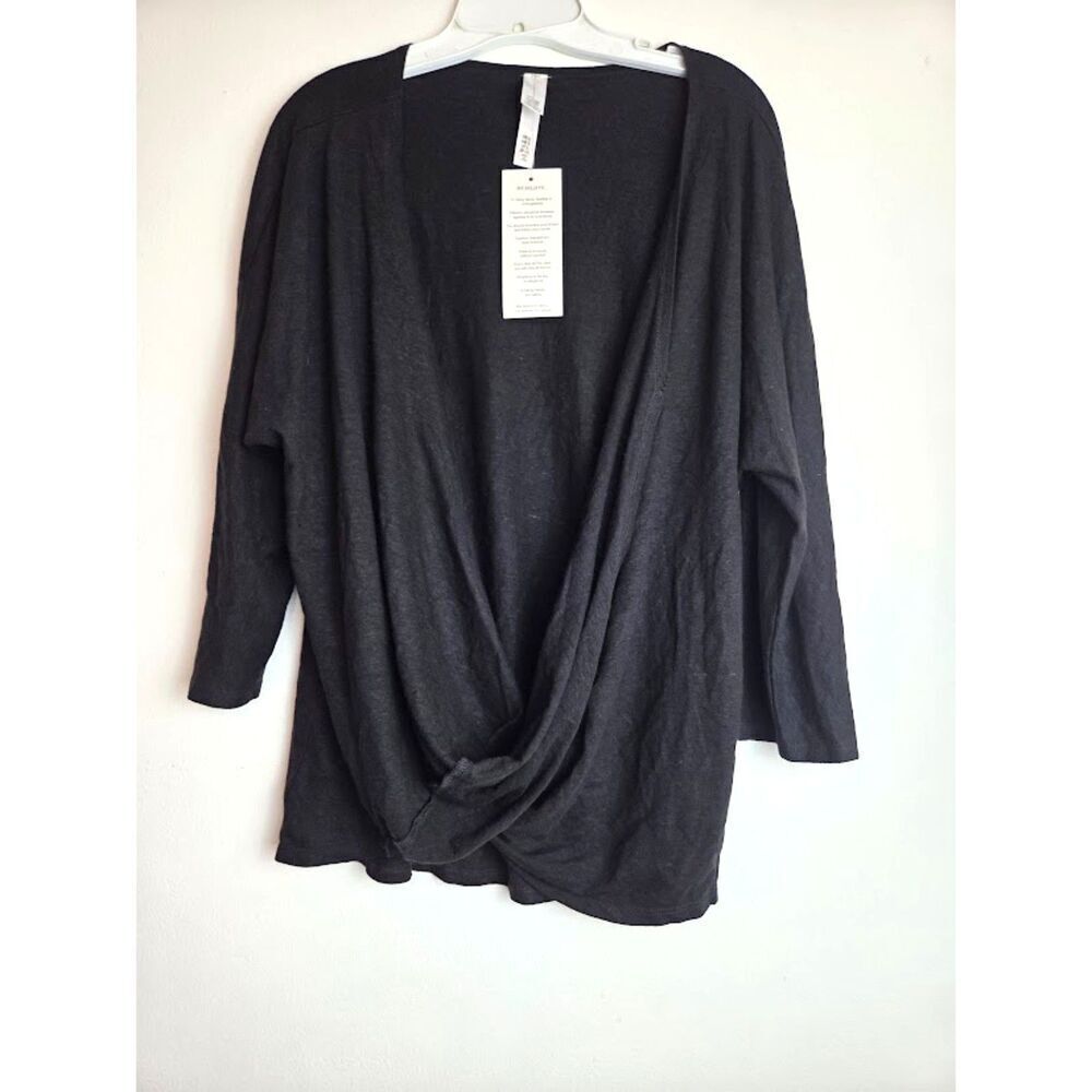 NWOT Marla Wynne Women Black Faux Wrap V-Neck Linen Blend Blouse size Large